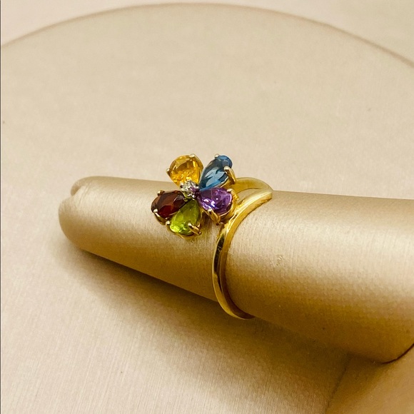 EUC Estate 10k Yellow Gold Genuine Multi-Colored Gemstone & Diamond Flower Ring - Picture 4 of 17